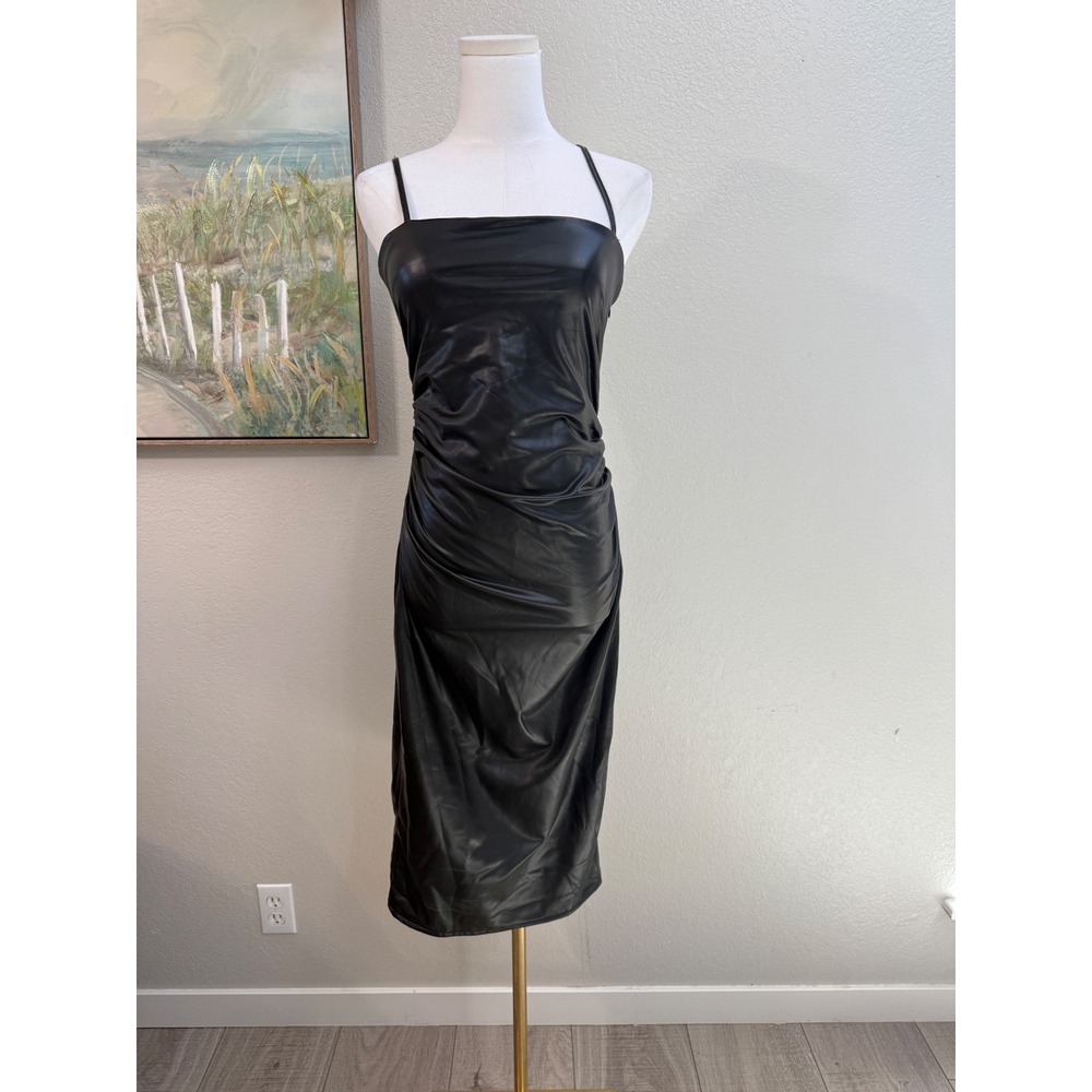 Forever 21 Black Faux Leather Ruched Lace Up Back Midi Dress Medium NWT